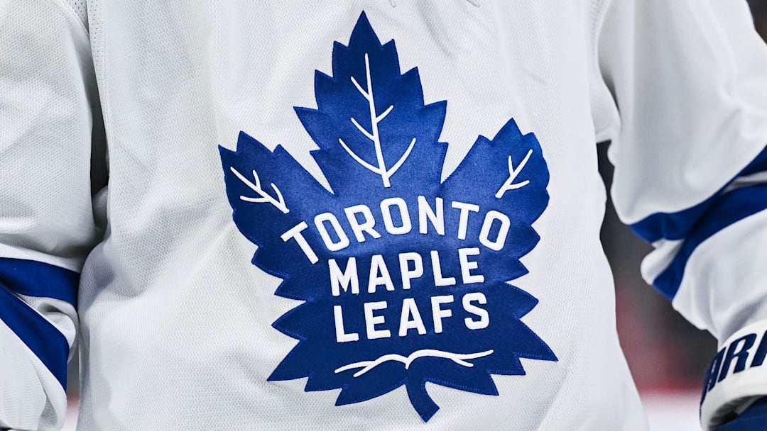 Jan 18, 2025; Montreal, Quebec, CAN; View of a Toronto Maple Leafs logo on a jersey worn by a member of the team during the second period at Bell Centre. Mandatory Credit: David Kirouac-Imagn Images