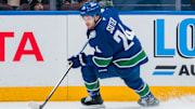 Mar 11, 2025; Vancouver, British Columbia, CAN; Vancouver Canucks forward Pius Suter (24) handles the puck against the Montreal Canadiens in the first period at Rogers Arena. Mandatory Credit: Bob Frid-Imagn Images