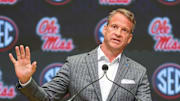  Ole Miss Rebels head coach Lane Kiffin speaks to the media during SEC Media Day at Omni Atlanta Hotel. 