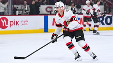 Oct 4, 2025; Montreal, Quebec, CAN; Ottawa Senators center Shane Pinto (12) skates during warm-up before the game against the Montreal Canadiens at Bell Centre. Mandatory Credit: David Kirouac-Imagn Images