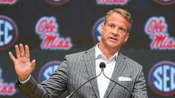  Ole Miss Rebels head coach Lane Kiffin speaks to the media during SEC Media Day at Omni Atlanta Hotel. 