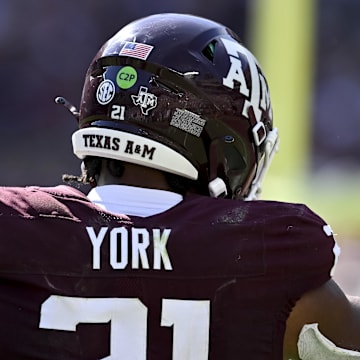 Texas A&M Aggies linebacker Taurean York (21) reacts during the first half against the Auburn Tigers at Kyle Field. 