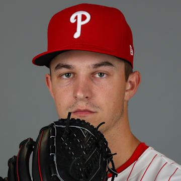 Feb 20, 2025; Clearwater, FL, USA; Philadelphia Phillies pitcher Mick Abel (73) participates in media day at BayCare Ballpark