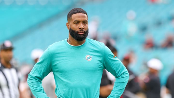 Aug 9, 2024; Miami Gardens, Florida, USA; Miami Dolphins wide receiver Odell Beckham Jr. (3) looks on during warm ups before a preseason game against the Atlanta Falcons at Hard Rock Stadium. Mandatory Credit: Nathan Ray Seebeck-USA TODAY Sports