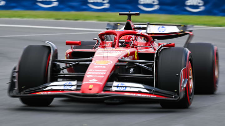 Jun 8, 2024; Montreal, Quebec, CAN; Ferrari driver Charles Leclerc (MCO) races during FP3 practice session of the Canadian Grand Prix at Circuit Gilles Villeneuve. Mandatory Credit: David Kirouac-USA TODAY Sports