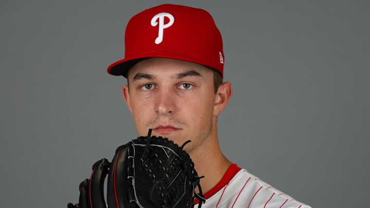 Feb 20, 2025; Clearwater, FL, USA; Philadelphia Phillies pitcher Mick Abel (73) participates in media day at BayCare Ballpark