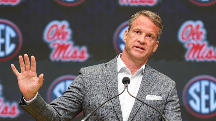 Ole Miss Rebels head coach Lane Kiffin speaks to the media during SEC Media Day at Omni Atlanta Hotel. Ole Miss Rebels head coach Lane Kiffin speaks to the media during SEC Media Day at Omni Atlanta Hotel.