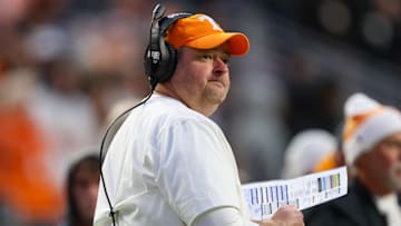 Nov 29, 2025; Knoxville, Tennessee, USA;  Tennessee Volunteers head coach Josh Heupel during the first half against the Vanderbilt Commodores at Neyland Stadium. Mandatory Credit: Randy Sartin-Imagn Images