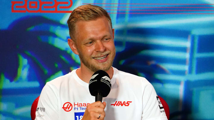 May 6, 2022; Miami Gardens, Florida, USA; Haas driver Kevin Magnussen of Denmark talks with the media during a press conference before their practice session for the Miami Grand Prix at Miami International Autodrome. Mandatory Credit: John David Mercer-USA TODAY Sports