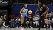 Jul 13, 2024; Chicago, Illinois, USA; Chicago Sky forward Angel Reese (5) brings the ball up court against the New York Liberty during the second half of a WNBA game at Wintrust Arena. Mandatory Credit: Kamil Krzaczynski-USA TODAY Sports