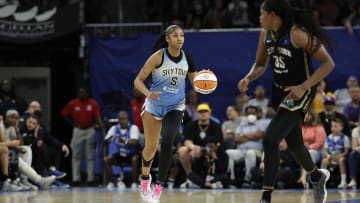 Jul 13, 2024; Chicago, Illinois, USA; Chicago Sky forward Angel Reese (5) brings the ball up court against the New York Liberty during the second half of a WNBA game at Wintrust Arena. Mandatory Credit: Kamil Krzaczynski-USA TODAY Sports