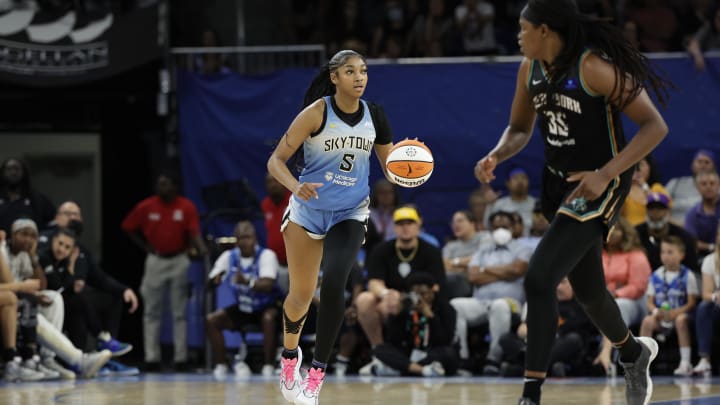 Jul 13, 2024; Chicago, Illinois, USA; Chicago Sky forward Angel Reese (5) brings the ball up court against the New York Liberty during the second half of a WNBA game at Wintrust Arena. Mandatory Credit: Kamil Krzaczynski-USA TODAY Sports