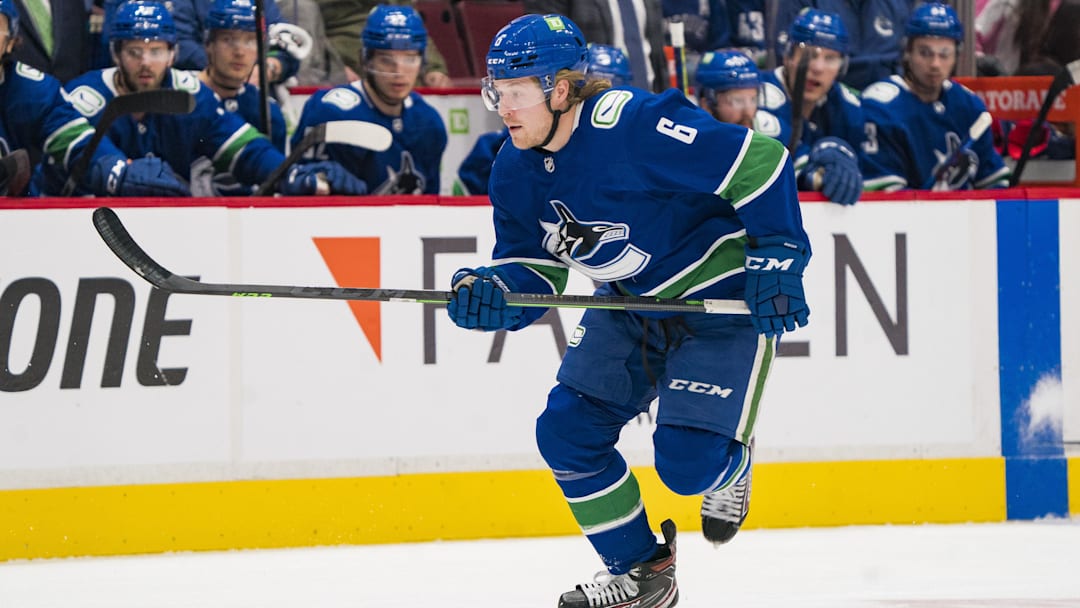 Dec 12, 2021; Vancouver, British Columbia, CAN; Vancouver Canucks forward Brock Boeser (6) skates against the Carolina Hurricanes in the first period at Rogers Arena. Mandatory Credit: Bob Frid-Imagn Images