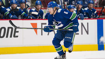 Dec 12, 2021; Vancouver, British Columbia, CAN; Vancouver Canucks forward Brock Boeser (6) skates against the Carolina Hurricanes in the first period at Rogers Arena. Mandatory Credit: Bob Frid-Imagn Images