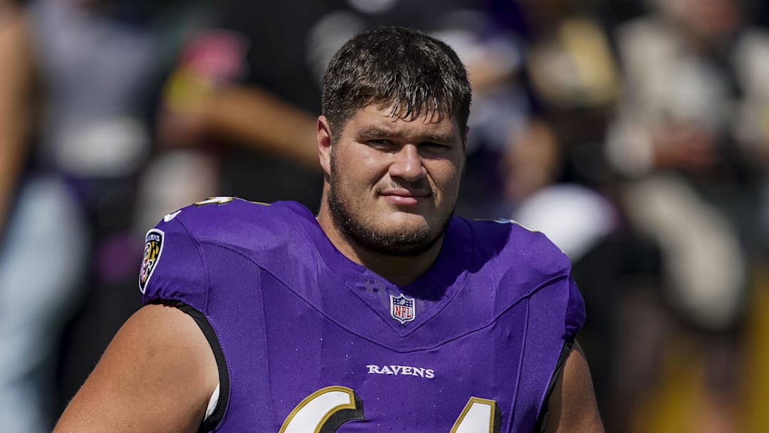 Sep 14, 2025; Baltimore, Maryland, USA; Baltimore Ravens center Tyler Linderbaum (64) before the game against the Cleveland Browns at M&T Bank Stadium. Mandatory Credit: Mitch Stringer-Imagn Images