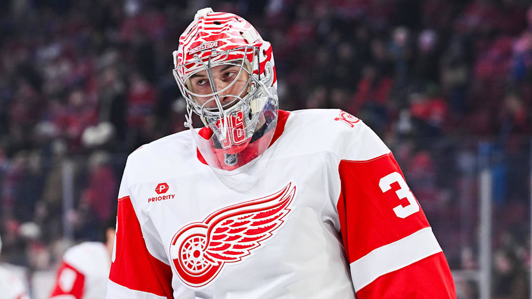 Jan 10, 2026; Montreal, Quebec, CAN; Detroit Red Wings goalie John Gibson (36) looks on during warm-up before the game against the Montreal Canadiens at Bell Centre. Mandatory Credit: David Kirouac-Imagn Images