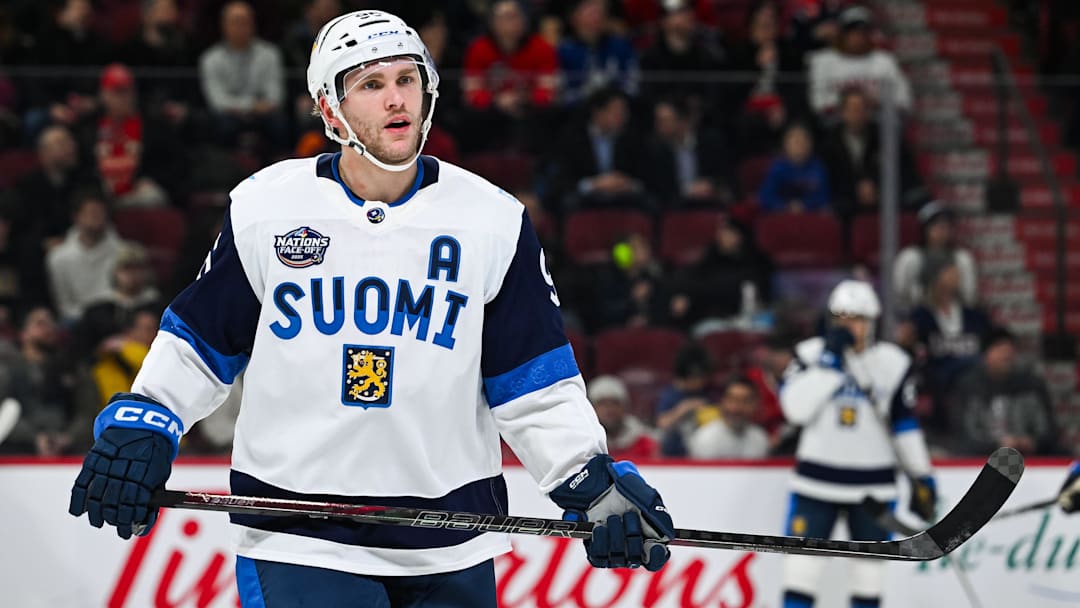 Feb 13, 2025; Montreal, Quebec, CAN; [Imagn Images direct customers only] Team Finland forward Mikko Rantanen (96) looks on in warm-up before a game against Team USA during a 4 Nations Face-Off ice hockey game at Bell Centre. Mandatory Credit: David Kirouac-Imagn Images