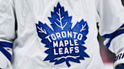 Jan 18, 2025; Montreal, Quebec, CAN; View of a Toronto Maple Leafs logo on a jersey worn by a member of the team during the second period at Bell Centre. Mandatory Credit: David Kirouac-Imagn Images