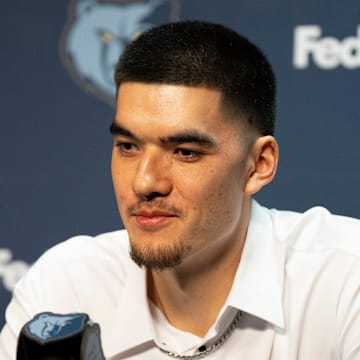 Zach Edey, a first-round draft pick for the Memphis Grizzlies, answers a question during a press conference at FedExForum.