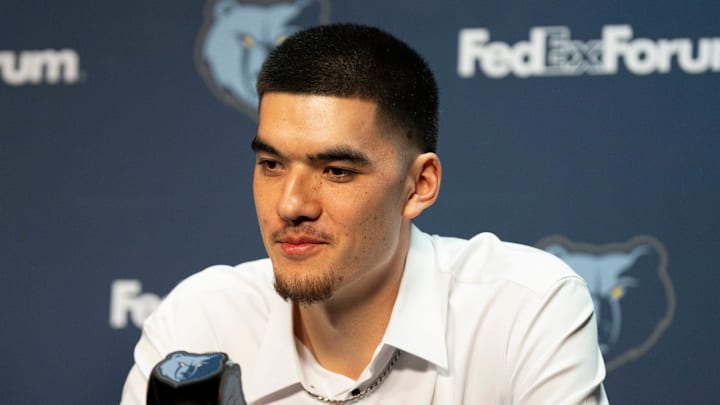 Zach Edey, a first-round draft pick for the Memphis Grizzlies, answers a question during a press conference at FedExForum.