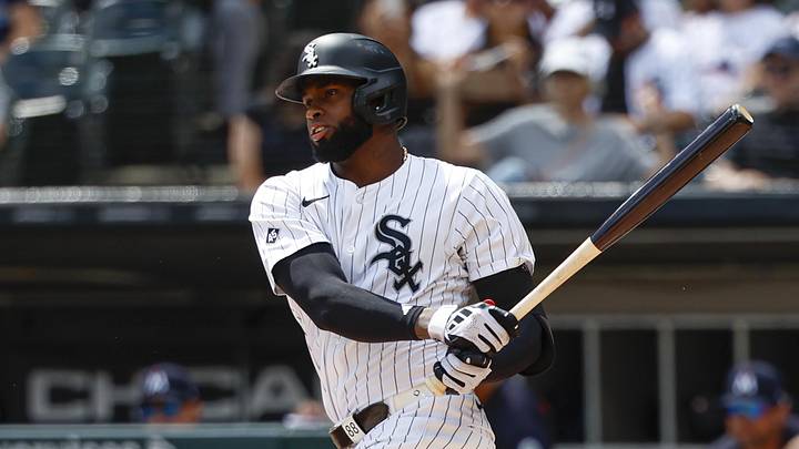 Aug 24, 2025; Chicago, Illinois, USA; Chicago White Sox center fielder Luis Robert Jr. (88) singles against the Minnesota Twins during the first inning at Rate Field. Mandatory Credit: Kamil Krzaczynski-Imagn Images