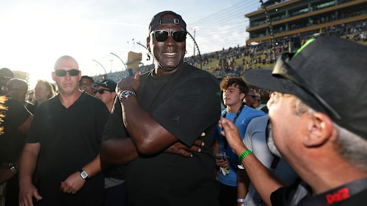 23XI owner Michael Jordan celebrates after his driver NASCAR Cup Series driver Tyler Reddick won the Straight Talk Wireless 400 at Homestead-Miami Speedway. 