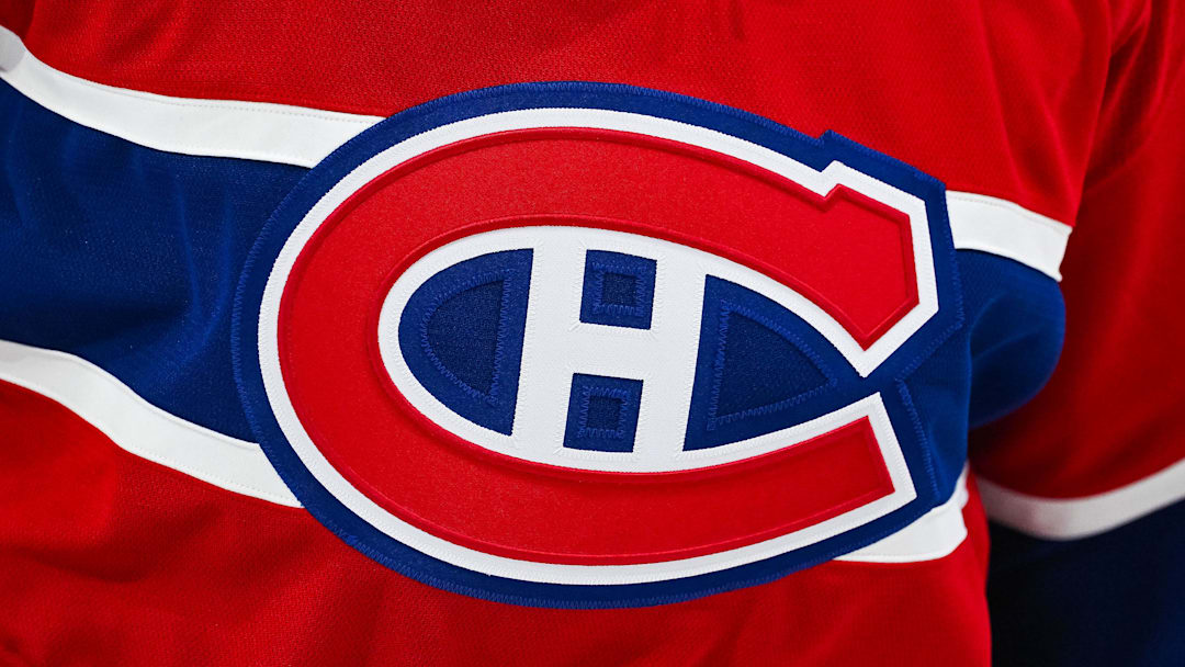 Dec 12, 2024; Montreal, Quebec, CAN; View of a Montreal Canadiens logo on a jersey worn by a member of the team during warm-up before the game against the Pittsburgh Penguins at Bell Centre. Mandatory Credit: David Kirouac-Imagn Images