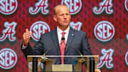 University of Alabama head coach Kalen Deboer talks to the media during the SEC Media Days at Omni Atlanta Hotel.