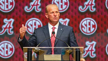 University of Alabama head coach Kalen Deboer talks to the media during the SEC Media Days at Omni Atlanta Hotel.