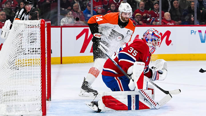 Nov 4, 2025; Montreal, Quebec, CAN; Montreal Canadiens goalie Sam Montembeault (35) makes a save against the Philadelphia Flyers during the first period at Bell Centre.