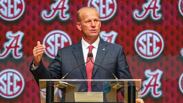 University of Alabama head coach Kalen Deboer talks to the media during the SEC Media Days at Omni Atlanta Hotel. University of Alabama head coach Kalen Deboer talks to the media during the SEC Media Days at Omni Atlanta Hotel.