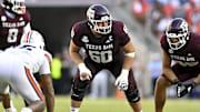 Texas A&M Aggies offensive lineman Trey Zuhn III (60) lines up during the fourth quarter against the Auburn Tigers at Kyle Field. 