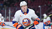 New York Islanders left wing Matt Martin looks on during warm-up before the game against the Montreal Canadiens.