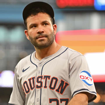 Jul 3, 2024; Toronto, Ontario, CAN; Houston Astros second baseman Jose Altuve (27) acknowledges fans as he leaves the field against the Toronto Blue Jays at Rogers Centre.