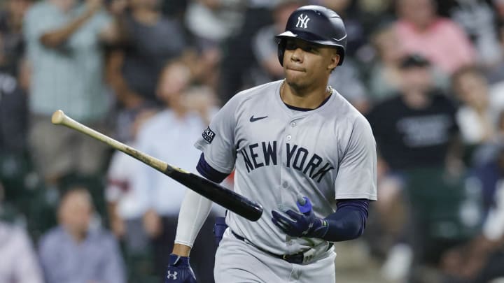 Aug 13, 2024; Chicago, Illinois, USA; New York Yankees outfielder Juan Soto (22) rounds the bases after hitting a solo home run against the Chicago White Sox during the seventh inning at Guaranteed Rate Field.