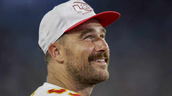 JACKSONVILLE, FL - AUGUST 10: Kansas City Chiefs tight end Travis Kelce (87) looks on during the game between the Kansas City Chiefs and the Jacksonville Jaguars on August 10, 2024 at EverBank Stadium in Jacksonville, Fl.