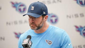 Tennessee Titans coach Brian Callahan takes questions after their 41-20 loss against the Indianapolis Colts at Nissan Stadium in Nashville, Tenn., Sunday, Sept. 14, 2025.