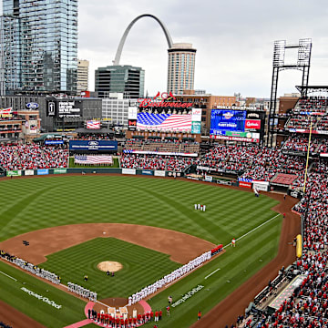 Apr 7, 2022; St. Louis, Missouri, USA;  A general view of the National Anthem before Opening Day between the St. Louis Cardinals and the Pittsburgh Pirates at Busch Stadium. Mandatory Credit: Jeff Curry-Imagn Images