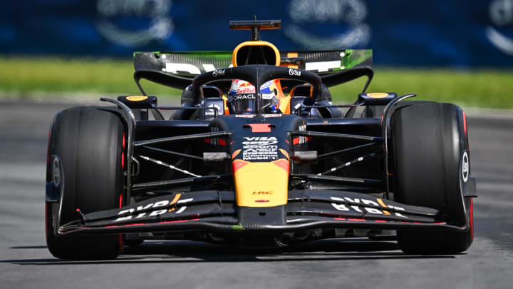 Jun 7, 2024; Montreal, Quebec, CAN; Red Bull Racing driver Max Verstappen (NED) races during FP1 practice session of the Canadian Grand Prix at Circuit Gilles Villeneuve. Mandatory Credit: David Kirouac-USA TODAY Sports