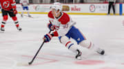 Nov 6, 2025; Newark, New Jersey, USA; Montréal Canadiens right wing Ivan Demidov (93) skates with the puck against the New Jersey Devils during the first period at Prudential Center. Mandatory Credit: Ed Mulholland-Imagn Images
