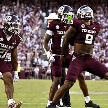 Texas A&M Aggies defensive end Cashius Howell (9) reacts after a sack during the fourth quarter against the Auburn Tigers at Kyle Field.