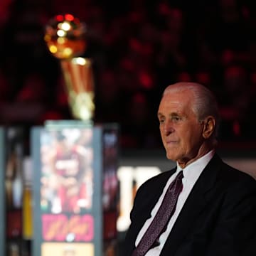 Jan 19, 2024; Miami, Florida, USA; Miami Heat president Pat Riley sits on the court for the jersey retirement ceremony for former player Udonis Haslem during halftime of the game between the Miami Heat and the Atlanta Hawks Kaseya Center. Mandatory Credit: Jasen Vinlove-Imagn Images