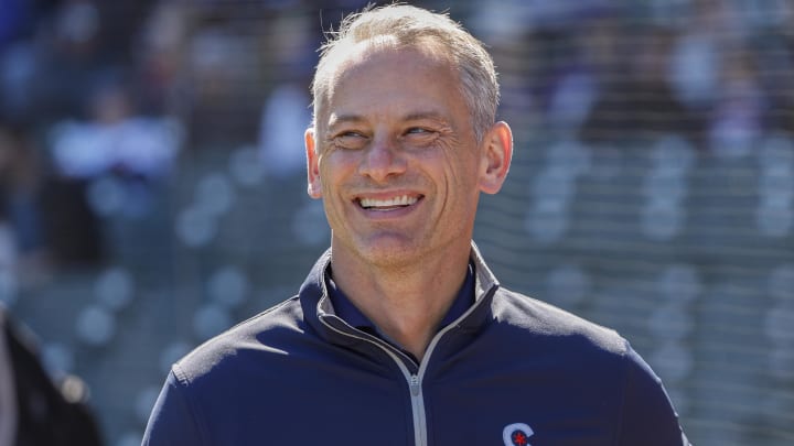 Oct 1, 2022; Chicago, Illinois, USA; Chicago Cubs President of baseball operations Jed Hoyer smiles before a baseball game between the Chicago Cubs and Cincinnati Reds at Wrigley Field.