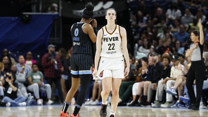 Jun 23, 2024; Chicago, Illinois, USA; Indiana Fever guard Caitlin Clark (22) reacts after scoring against the Chicago Sky during the second half of a basketball game at Wintrust Arena. Mandatory Credit: Kamil Krzaczynski-USA TODAY Sports