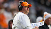 Nov 29, 2025; Knoxville, Tennessee, USA;  Tennessee Volunteers head coach Josh Heupel during the first half against the Vanderbilt Commodores at Neyland Stadium. Mandatory Credit: Randy Sartin-Imagn Images