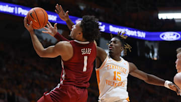 Jan 20, 2024; Knoxville, Tennessee, USA; Alabama Crimson Tide guard Mark Sears (1) goes to the basket against Tennessee Volunteers guard Jahmai Mashack (15) during the second half at Thompson-Boling Arena at Food City Center. Mandatory Credit: Randy Sartin-Imagn Images