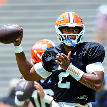 Florida Gators quarterback DJ Lagway throws in the team's practice inside The Swamp on Saturday, Aug. 2, 2025.