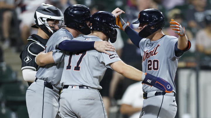 Aug 26, 2024; Chicago, Illinois, USA; Detroit Tigers first baseman Spencer Torkelson (20) celebrates with second baseman Jace Jung (17) and second baseman Colt Keith (33) after hitting a three-run home run against the Chicago White Sox during the seventh inning at Guaranteed Rate Field.