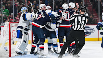 Feb 13, 2025; Montreal, Quebec, CAN; [Imagn Images direct customers only] Team Finland and Team USA players come together in the first period during a 4 Nations Face-Off ice hockey game at Bell Centre. Mandatory Credit: David Kirouac-Imagn Images