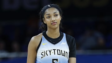 Sep 3, 2025; Chicago, Illinois, USA; Chicago Sky forward Angel Reese (5) walks on the court during the second half of a WNBA game against the Connecticut Sun at Wintrust Arena. Mandatory Credit: Kamil Krzaczynski-Imagn Images